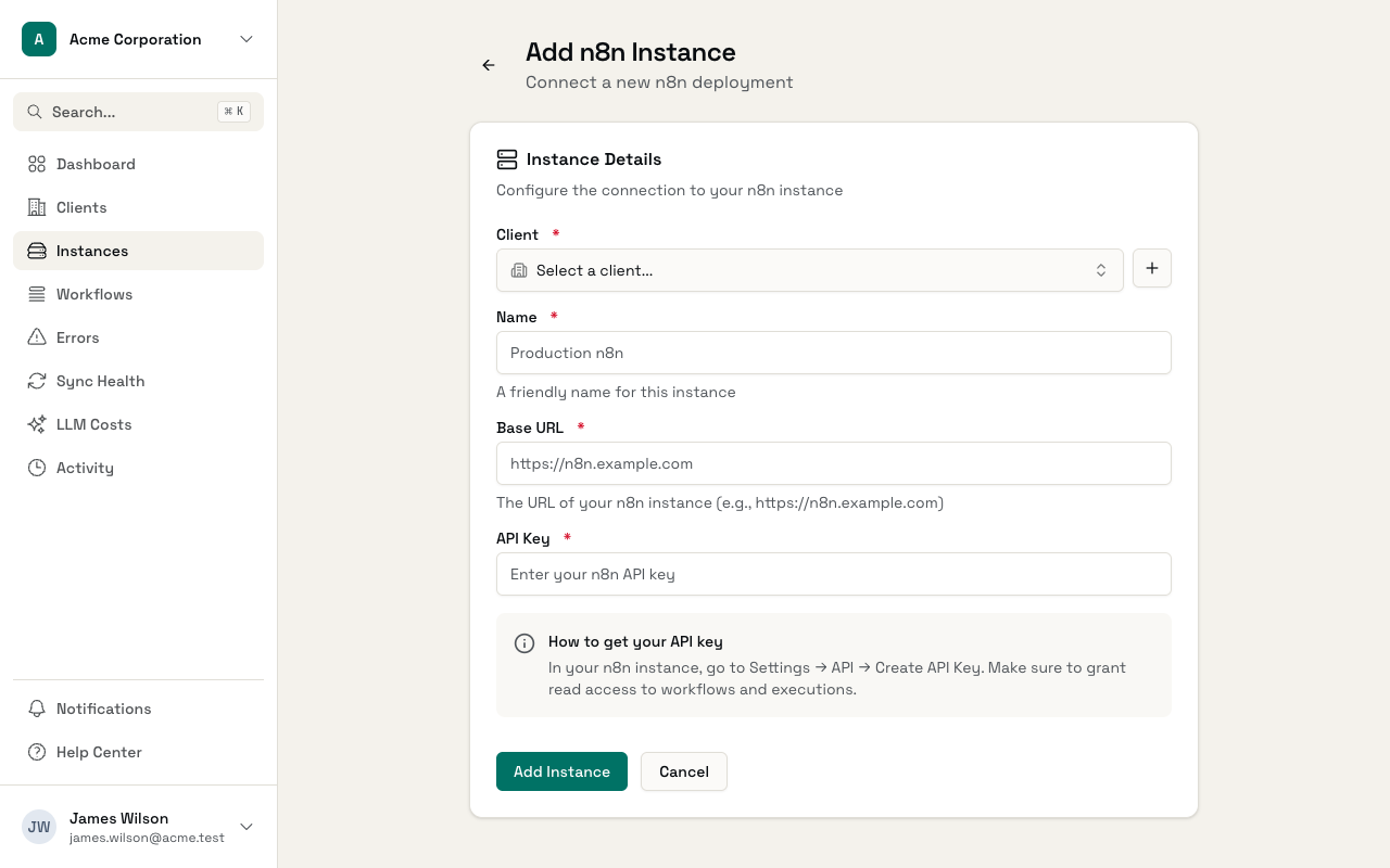 Add Instance form showing company selector and URL field