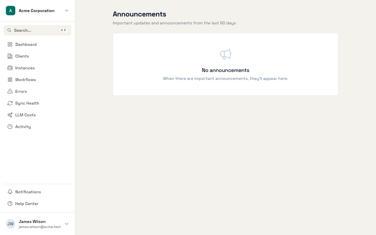 Announcements page showing recent updates