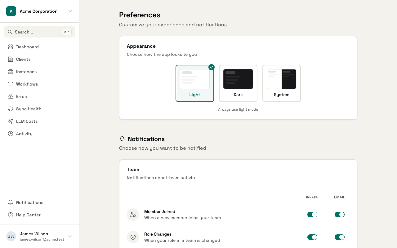 Preferences page showing appearance and notification options