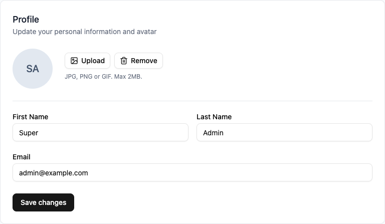 Profile settings form with avatar upload and name fields