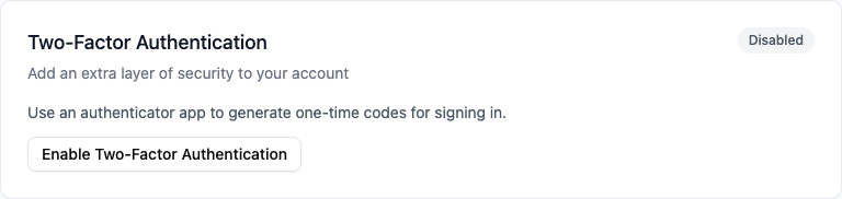 Two-Factor Authentication section with Enable button