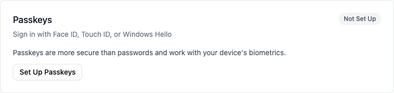 Passkeys section showing Set Up Passkeys button